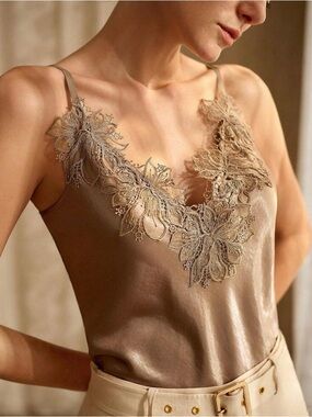 Satin Lace Trim Tank Top in Taupe